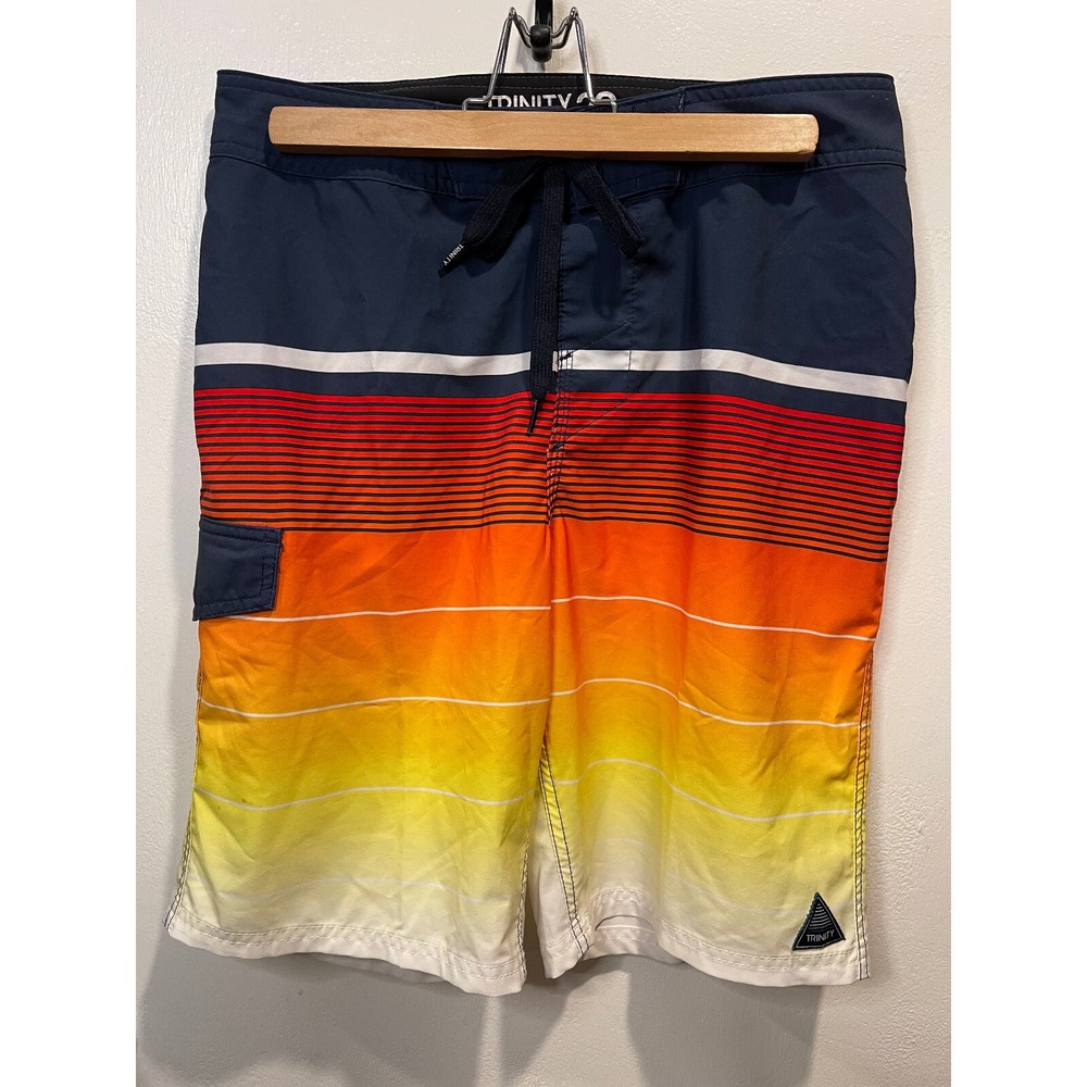 Trinity Mens Sunset Gradient Stripe Board Shorts Navy Orange Yellow Size 30